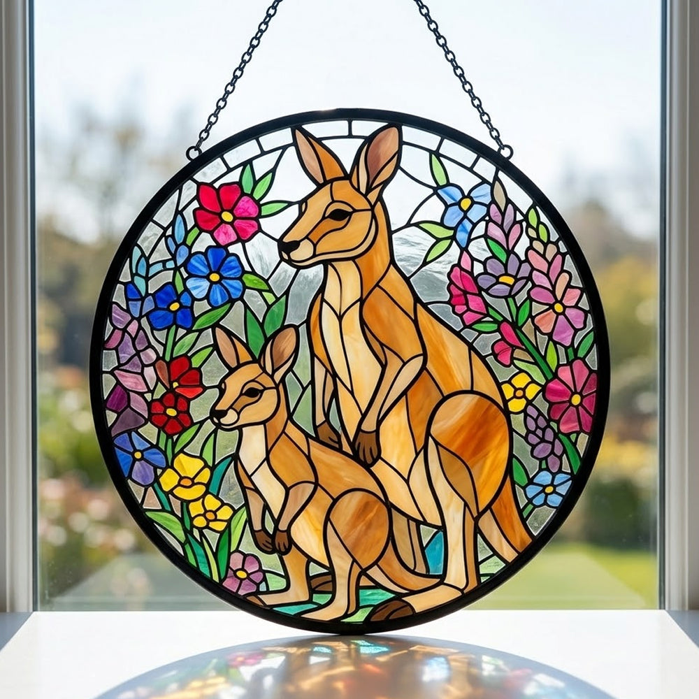 Floral kangaroo family stained glass suncatcher window hanging, suitable for home and garden decoration