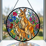 Floral kangaroo family stained glass suncatcher window hanging, suitable for home and garden decoration