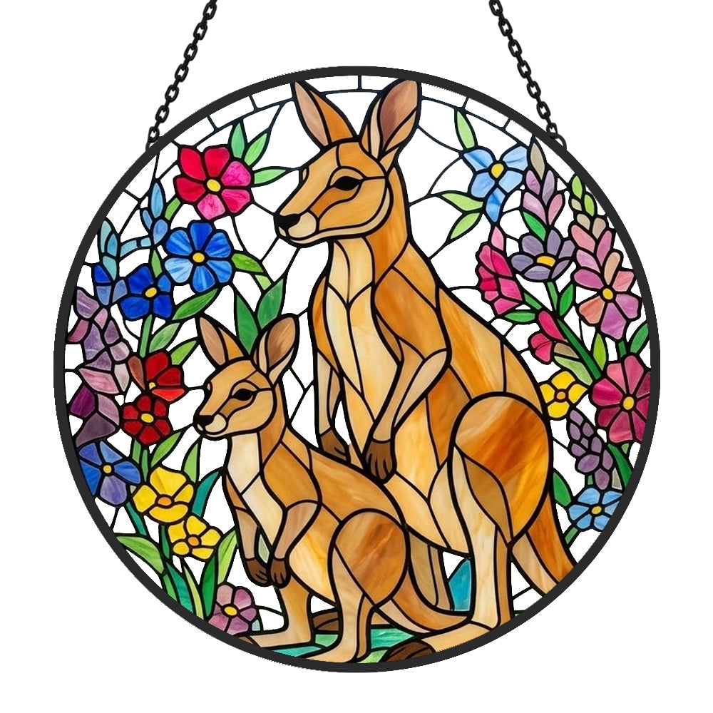 Floral kangaroo family stained glass suncatcher window hanging, suitable for home and garden decoration