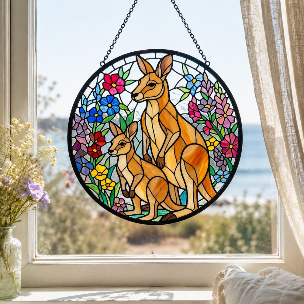 Floral kangaroo family stained glass suncatcher window hanging, suitable for home and garden decoration
