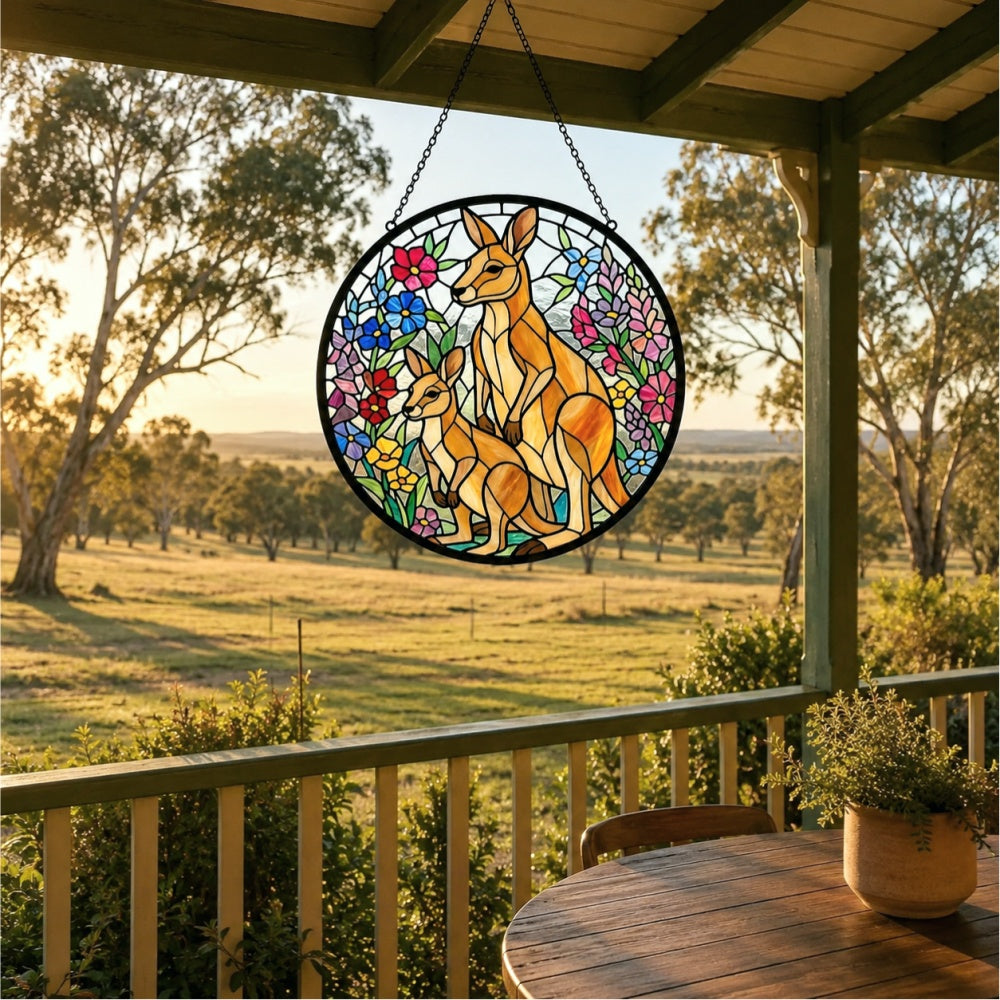 Floral kangaroo family stained glass suncatcher window hanging, suitable for home and garden decoration