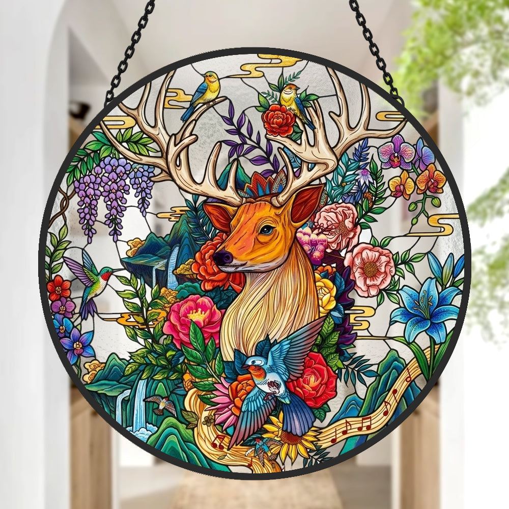 Floral stag stained glass suncatcher window hanging, suitable for home and garden decoration