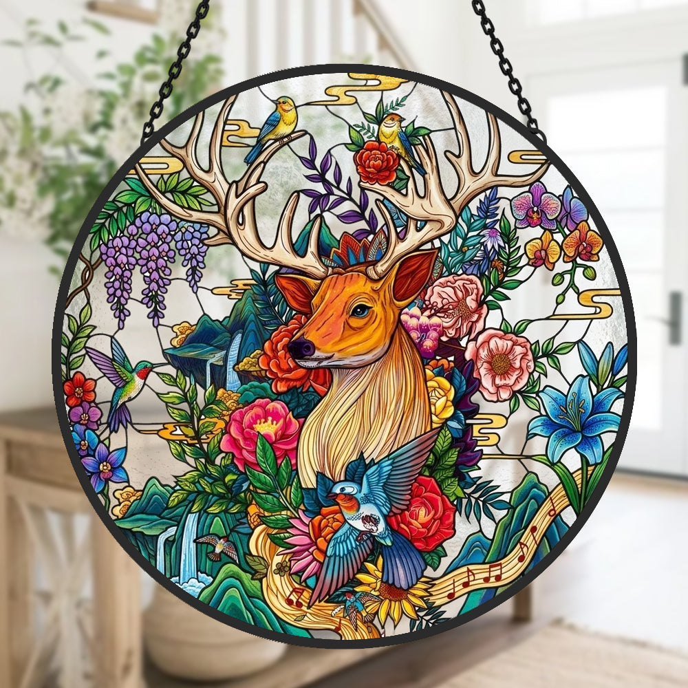 Floral stag stained glass suncatcher window hanging, suitable for home and garden decoration