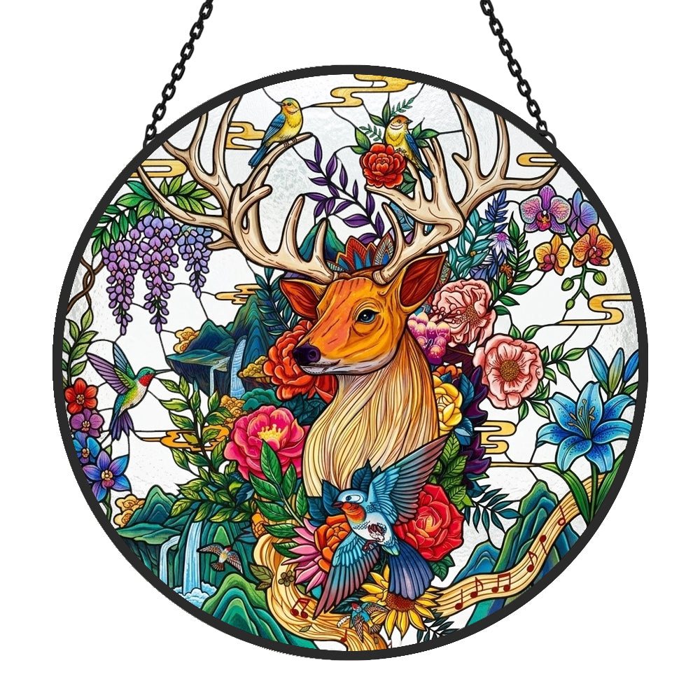 Floral stag stained glass suncatcher window hanging, suitable for home and garden decoration
