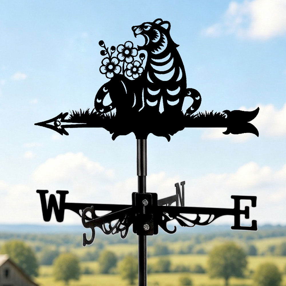 Floral tiger metal weather vane with directional arrows and mounting rod, outdoor roof and garden decoration