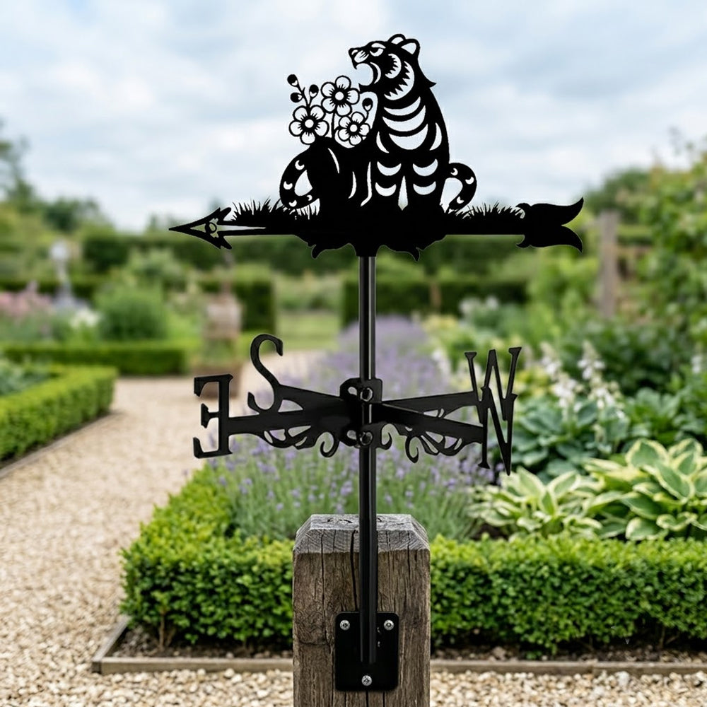 Floral tiger metal weather vane with directional arrows and mounting rod, outdoor roof and garden decoration
