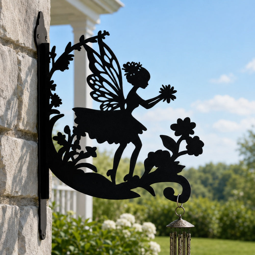 Flower fairy metal hanging basket bracket mounted on outdoor wall for plant decoration