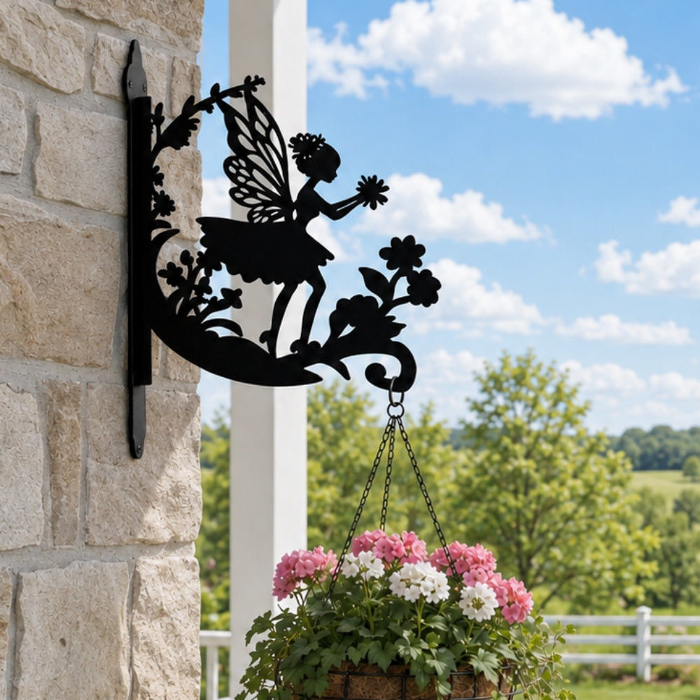 Flower fairy metal hanging basket bracket mounted on outdoor wall for plant decoration