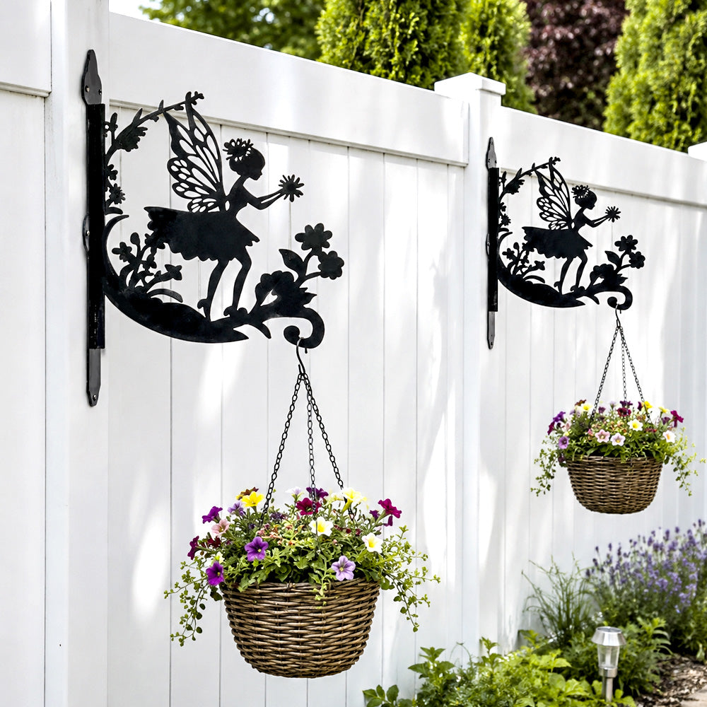 Flower fairy metal hanging basket bracket mounted on outdoor wall for plant decoration