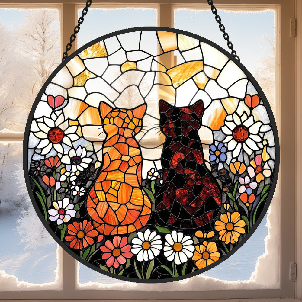 Flower garden cats stained glass suncatcher window hanging, suitable for home and garden decoration