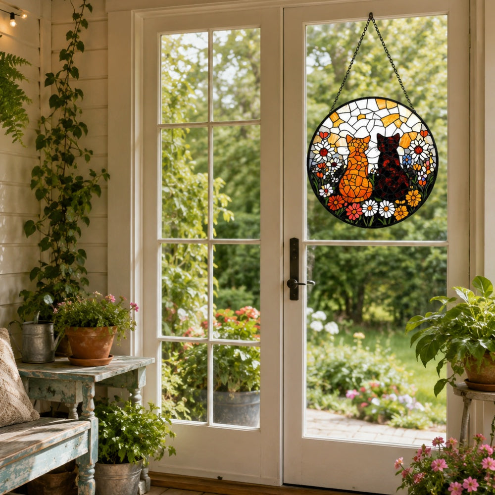 Flower garden cats stained glass suncatcher window hanging, suitable for home and garden decoration