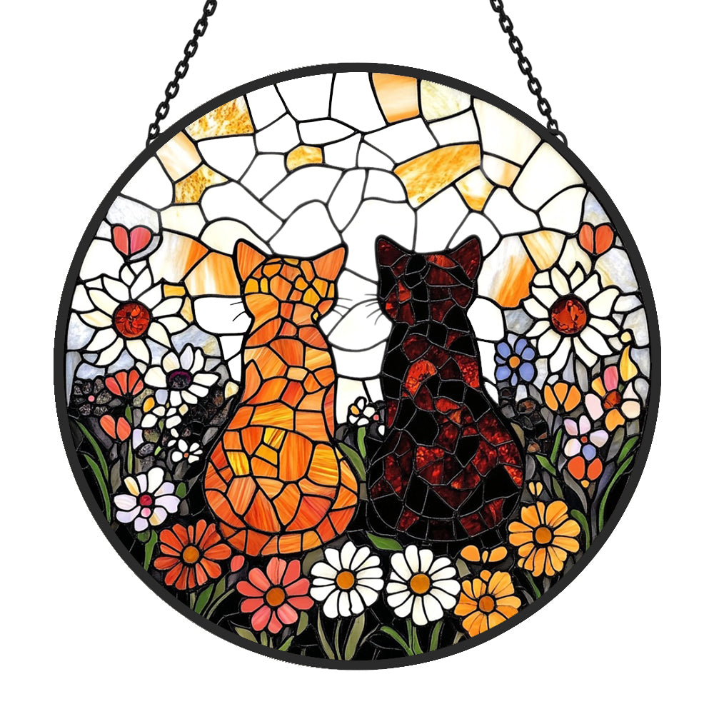 Flower garden cats stained glass suncatcher window hanging, suitable for home and garden decoration