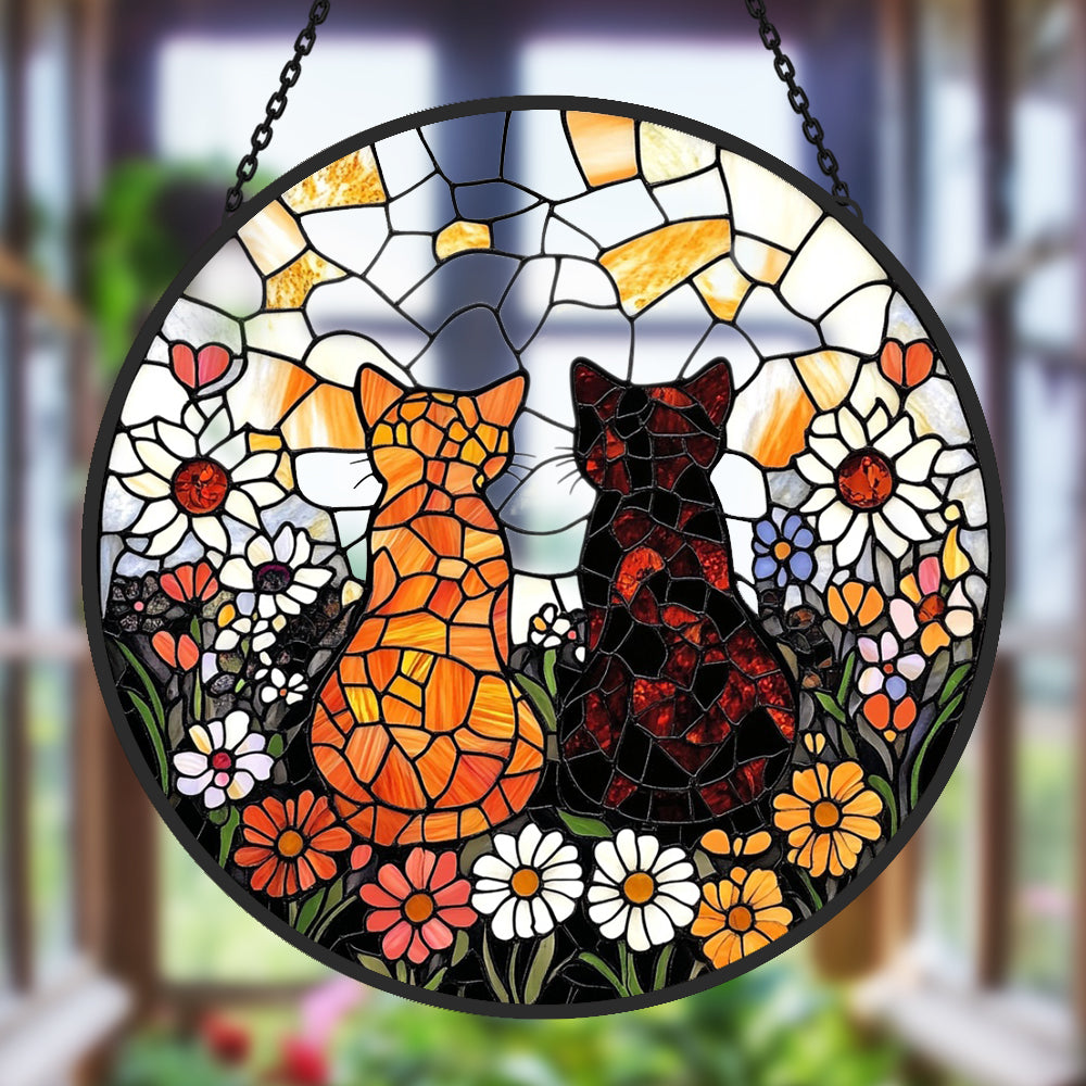 Flower garden cats stained glass suncatcher window hanging, suitable for home and garden decoration