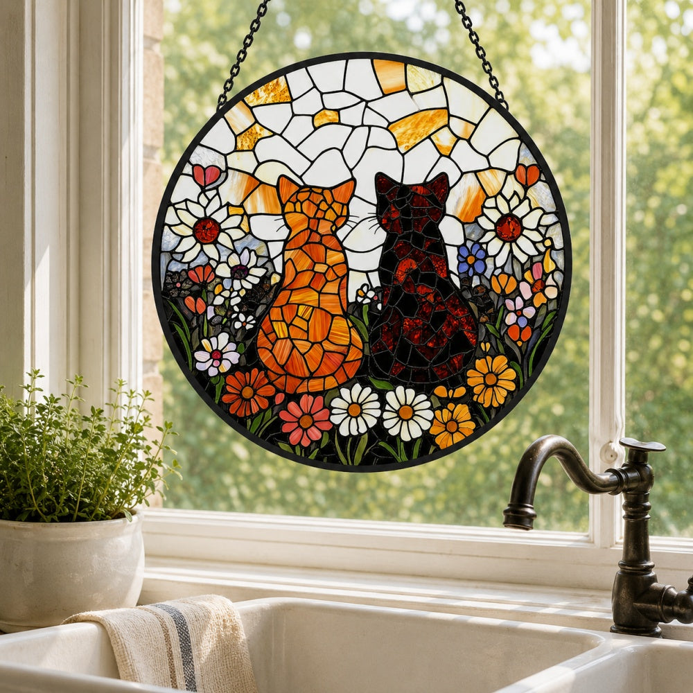 Flower garden cats stained glass suncatcher window hanging, suitable for home and garden decoration