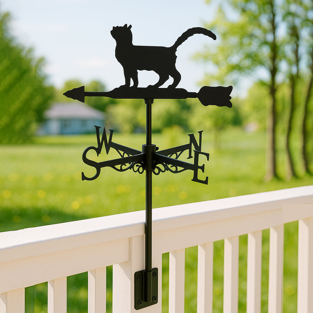 Fluffy cat metal weather vane with directional arrows and mounting rod, outdoor roof and garden decoration