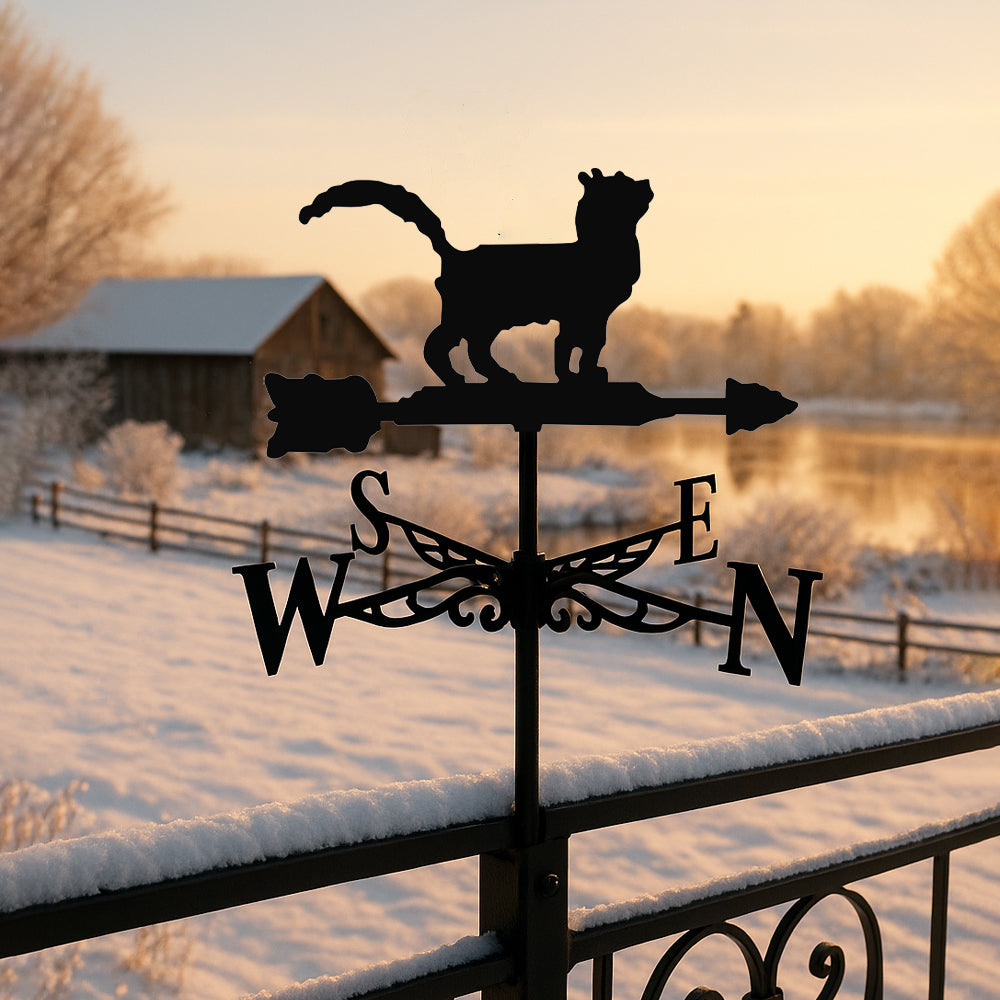 Fluffy cat metal weather vane with directional arrows and mounting rod, outdoor roof and garden decoration
