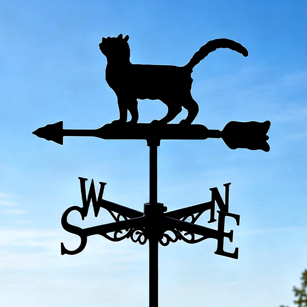 Fluffy cat metal weather vane with directional arrows and mounting rod, outdoor roof and garden decoration