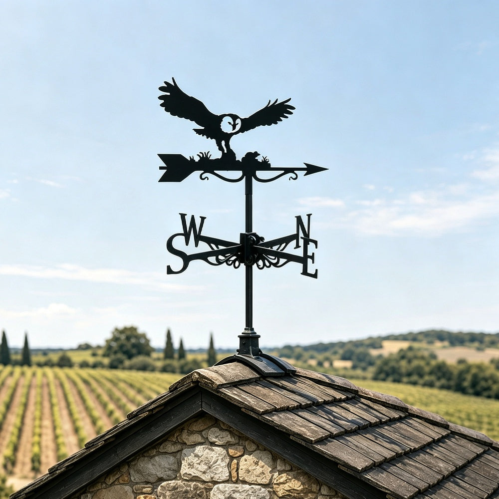 Flying barn owl metal weather vane with directional arrows and mounting rod, outdoor roof and garden decoration
