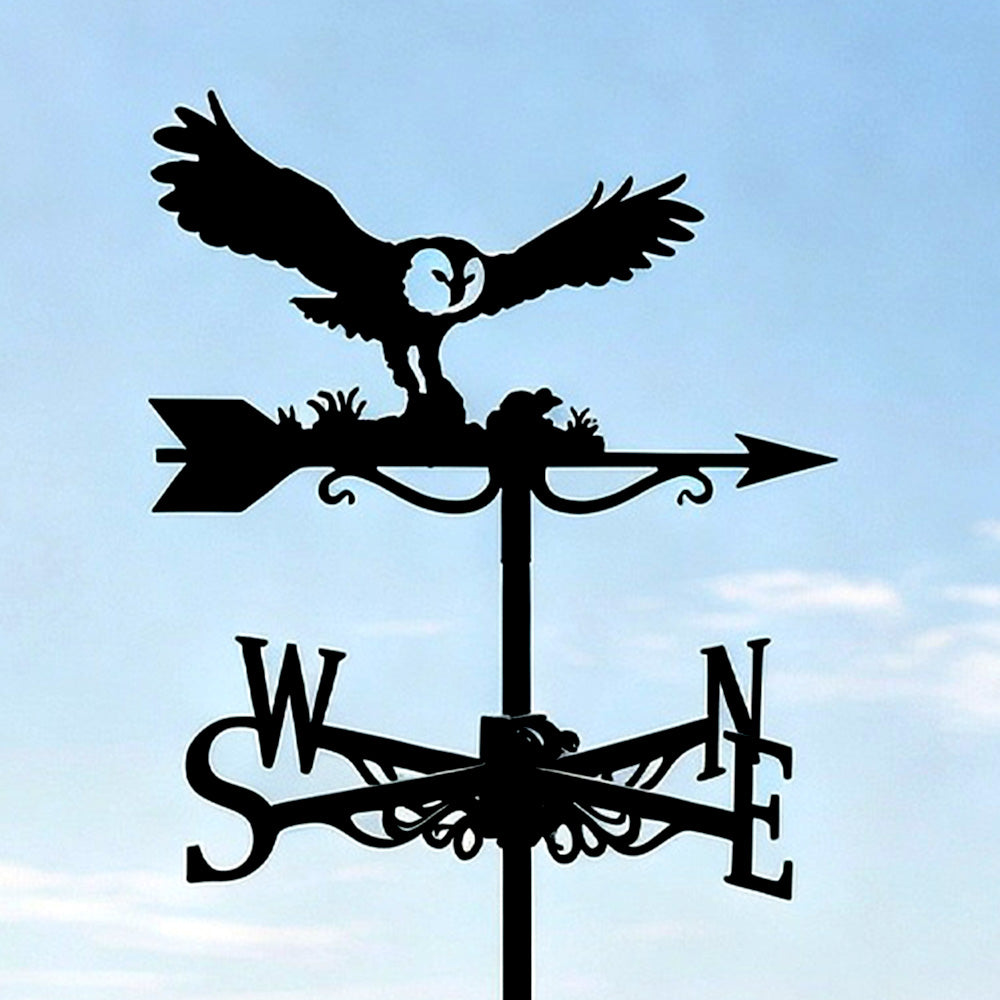 Flying barn owl metal weather vane with directional arrows and mounting rod, outdoor roof and garden decoration