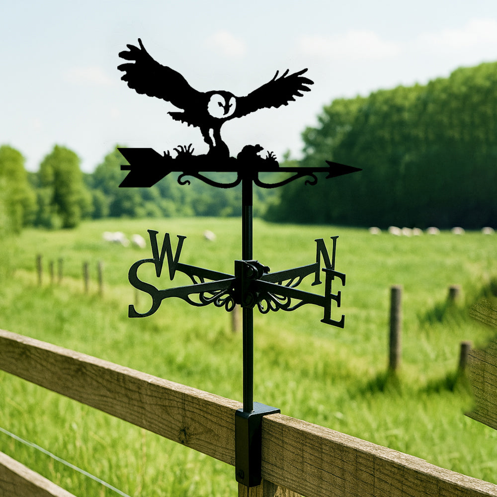 Flying barn owl metal weather vane with directional arrows and mounting rod, outdoor roof and garden decoration
