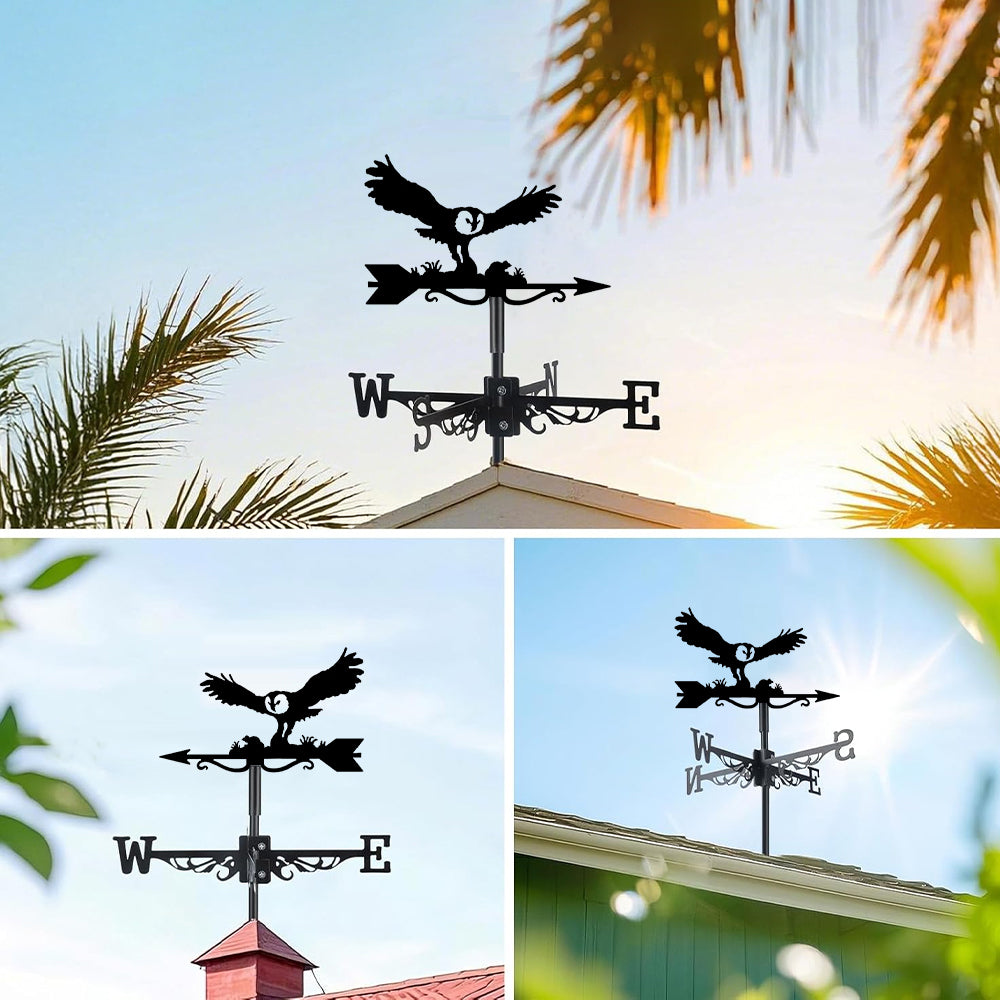 Flying barn owl metal weather vane with directional arrows and mounting rod, outdoor roof and garden decoration