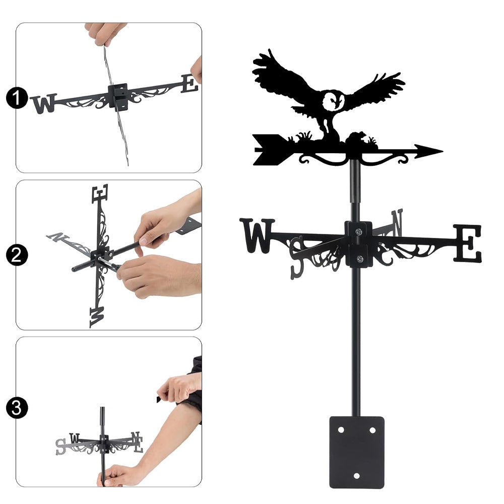 Flying barn owl metal weather vane with directional arrows and mounting rod, outdoor roof and garden decoration