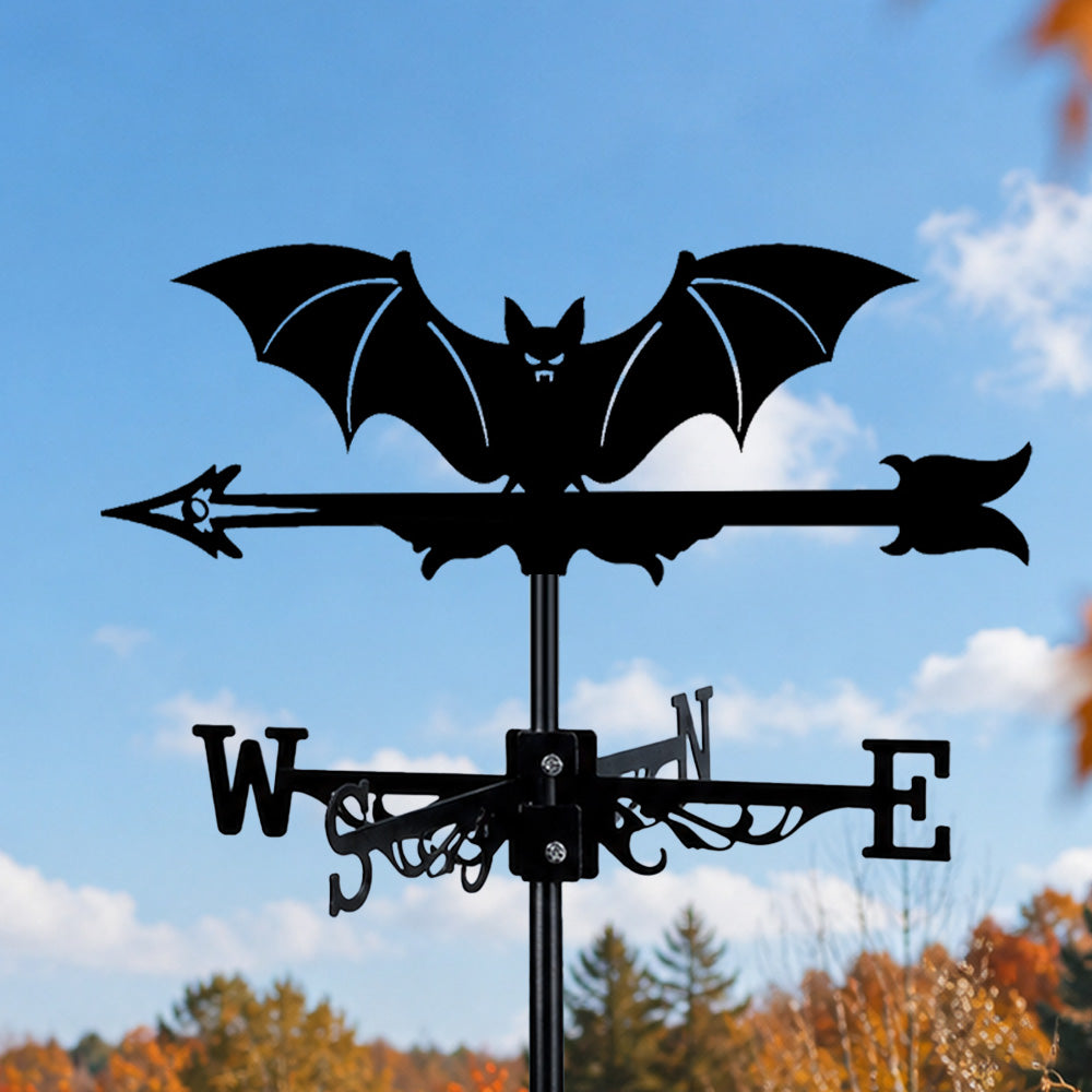 Flying bat metal weather vane with directional arrows and mounting rod, outdoor roof and garden decoration