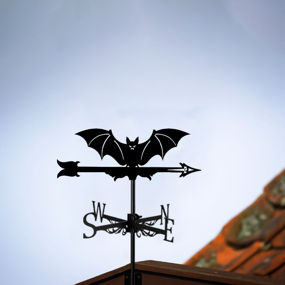 Flying bat metal weather vane with directional arrows and mounting rod, outdoor roof and garden decoration