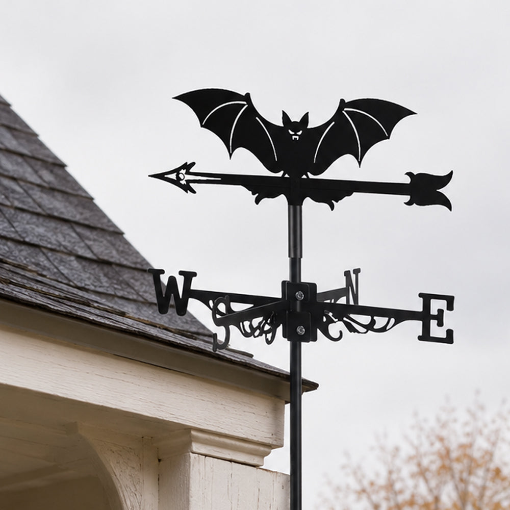 Flying bat metal weather vane with directional arrows and mounting rod, outdoor roof and garden decoration