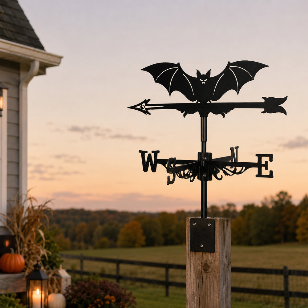 Flying bat metal weather vane with directional arrows and mounting rod, outdoor roof and garden decoration