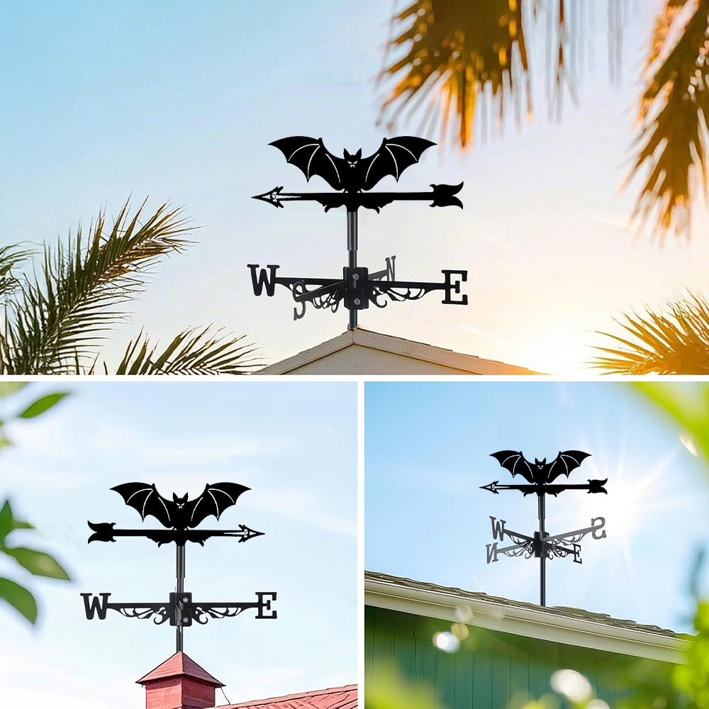 Flying bat metal weather vane with directional arrows and mounting rod, outdoor roof and garden decoration