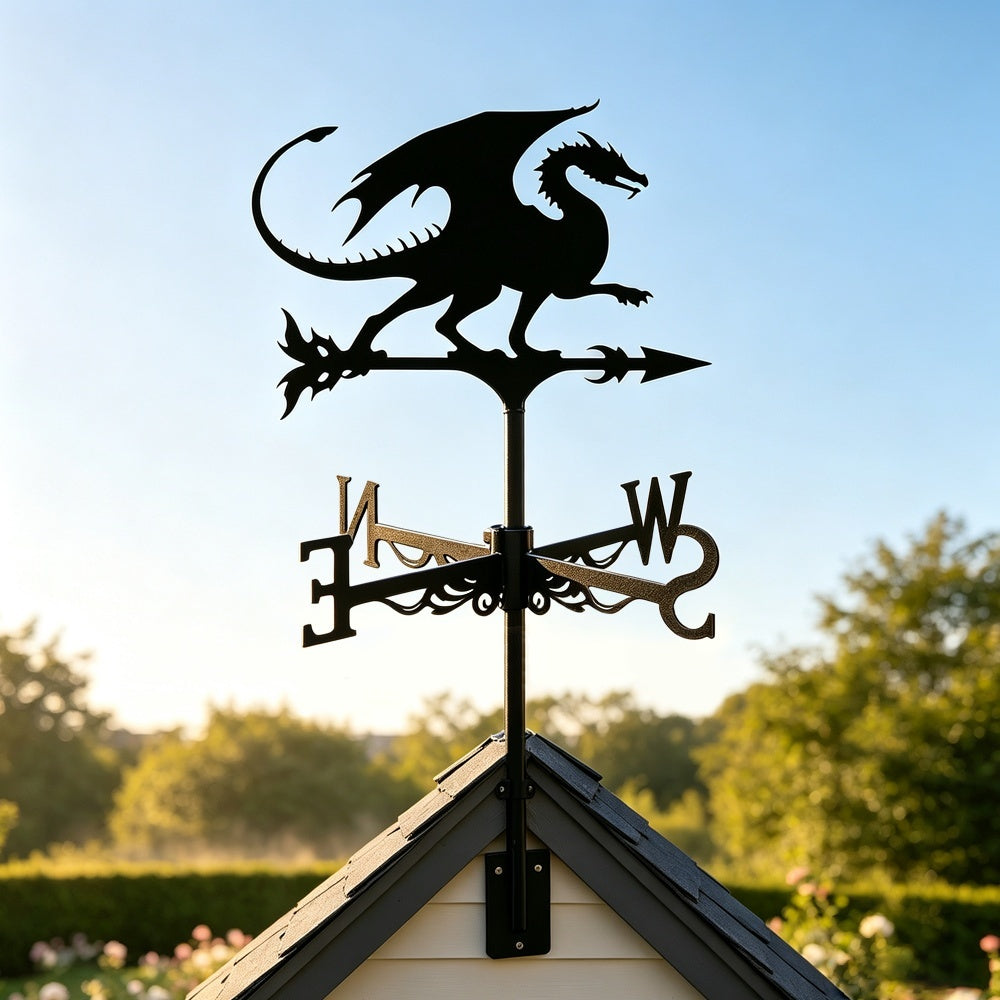 Flying dragon metal weather vane with directional arrows and mounting rod, outdoor roof and garden decoration