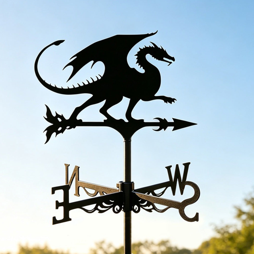 Flying dragon metal weather vane with directional arrows and mounting rod, outdoor roof and garden decoration