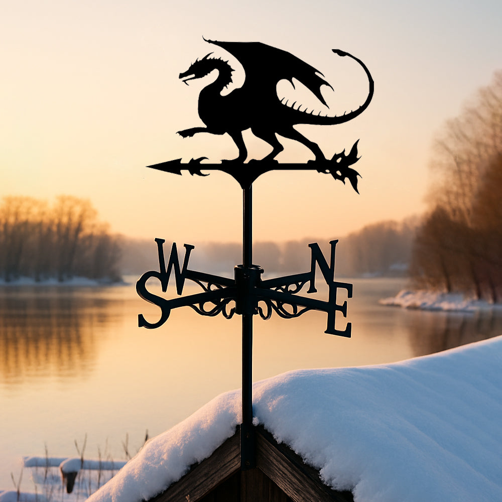 Flying dragon metal weather vane with directional arrows and mounting rod, outdoor roof and garden decoration