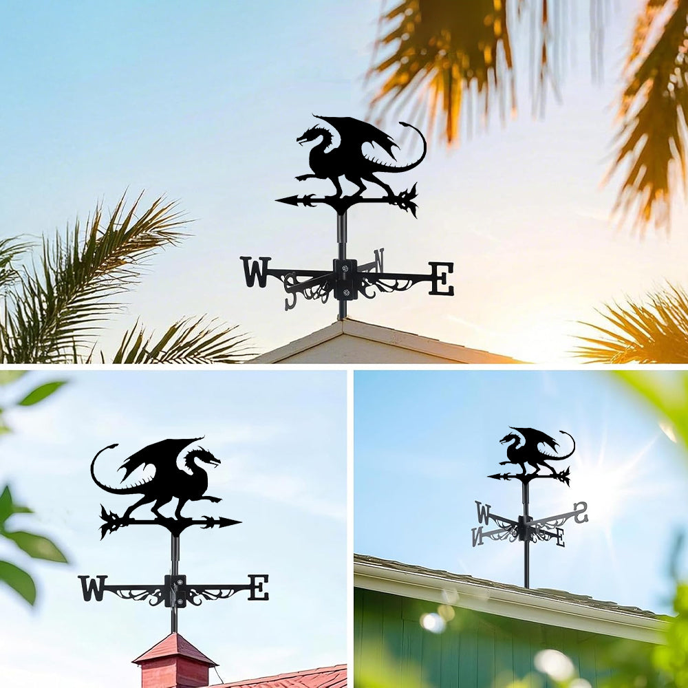 Flying dragon metal weather vane with directional arrows and mounting rod, outdoor roof and garden decoration