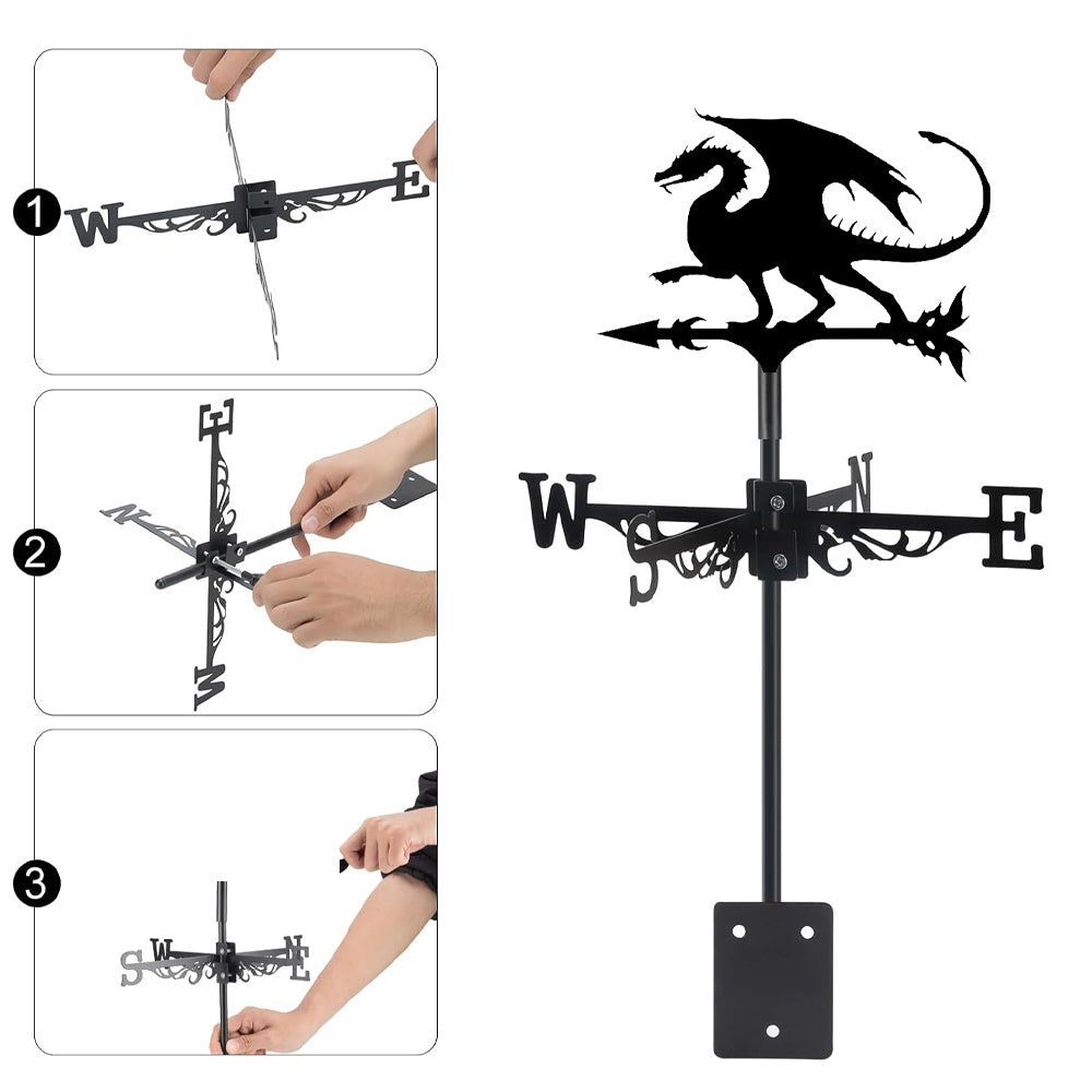 Flying dragon metal weather vane with directional arrows and mounting rod, outdoor roof and garden decoration