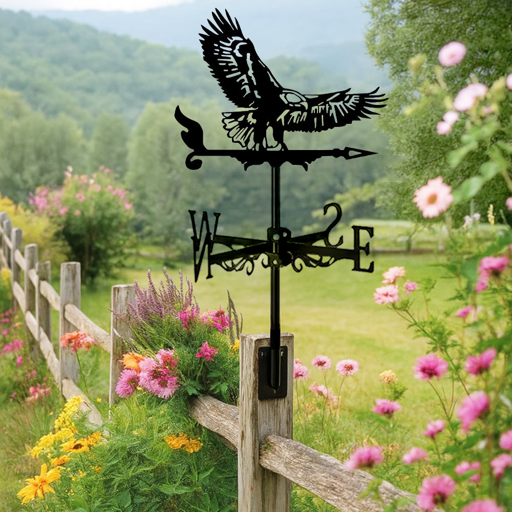 Flying eagle metal weather vane with directional arrows and mounting rod, outdoor roof and garden decoration