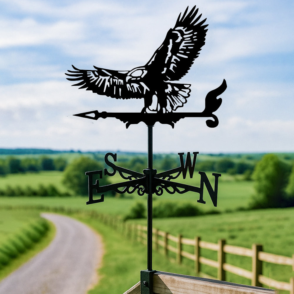 Flying eagle metal weather vane with directional arrows and mounting rod, outdoor roof and garden decoration