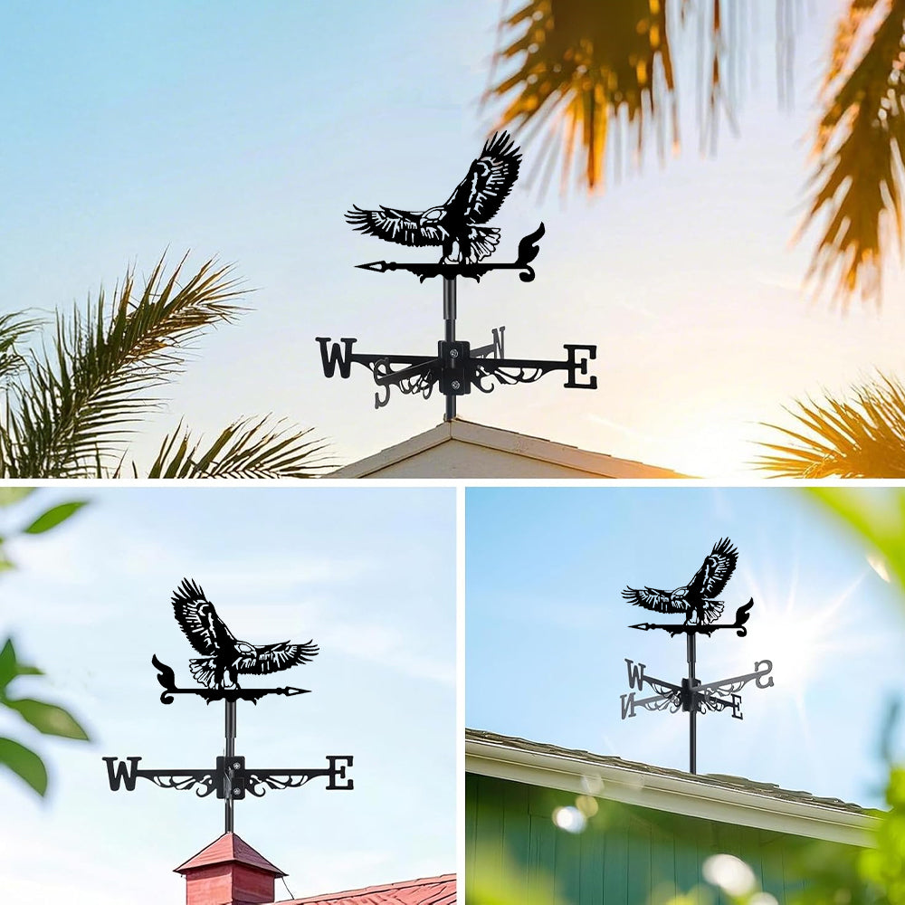 Flying eagle metal weather vane with directional arrows and mounting rod, outdoor roof and garden decoration
