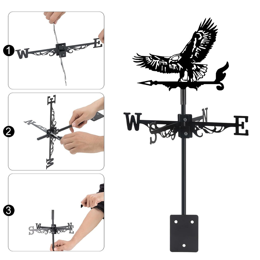 Flying eagle metal weather vane with directional arrows and mounting rod, outdoor roof and garden decoration