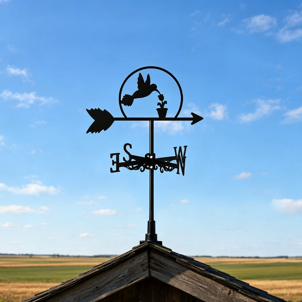 Flying hummingbird metal weather vane with directional arrows and mounting rod, outdoor roof and garden decoration