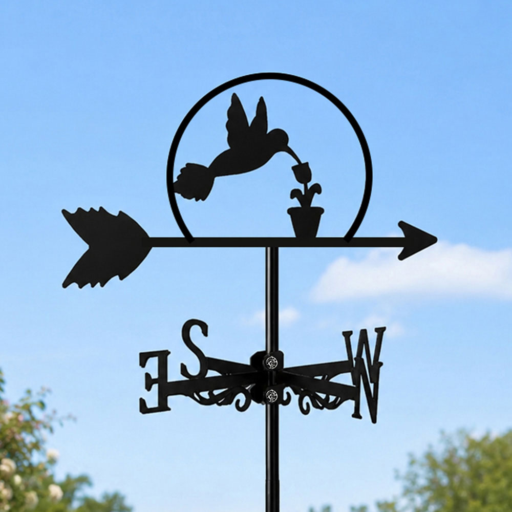 Flying hummingbird metal weather vane with directional arrows and mounting rod, outdoor roof and garden decoration