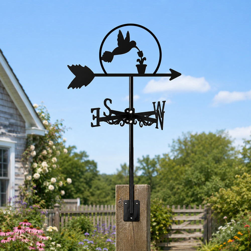 Flying hummingbird metal weather vane with directional arrows and mounting rod, outdoor roof and garden decoration