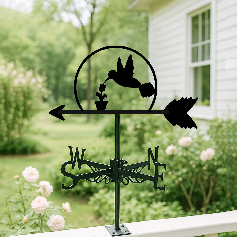 Flying hummingbird metal weather vane with directional arrows and mounting rod, outdoor roof and garden decoration