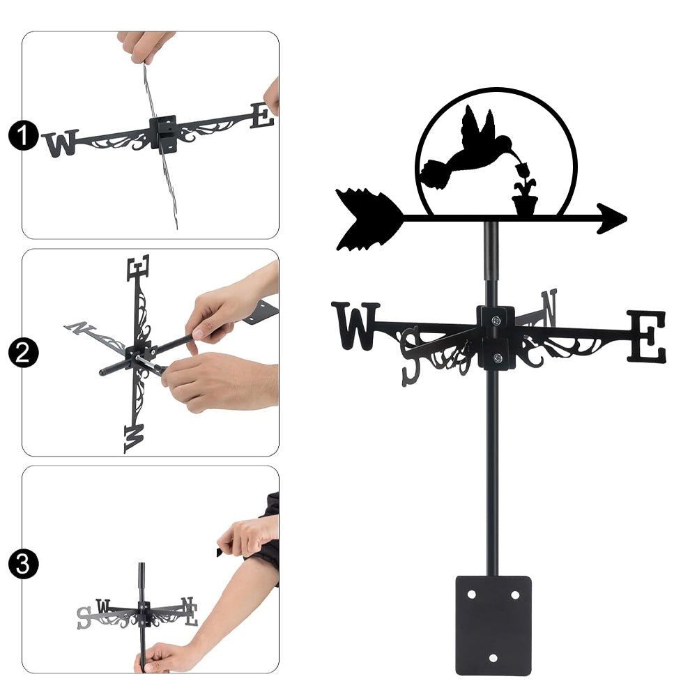 Flying hummingbird metal weather vane with directional arrows and mounting rod, outdoor roof and garden decoration