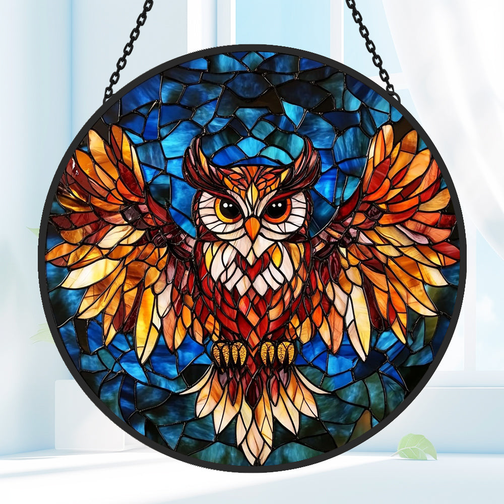Flying owl stained glass suncatcher window hanging, suitable for home and garden decoration