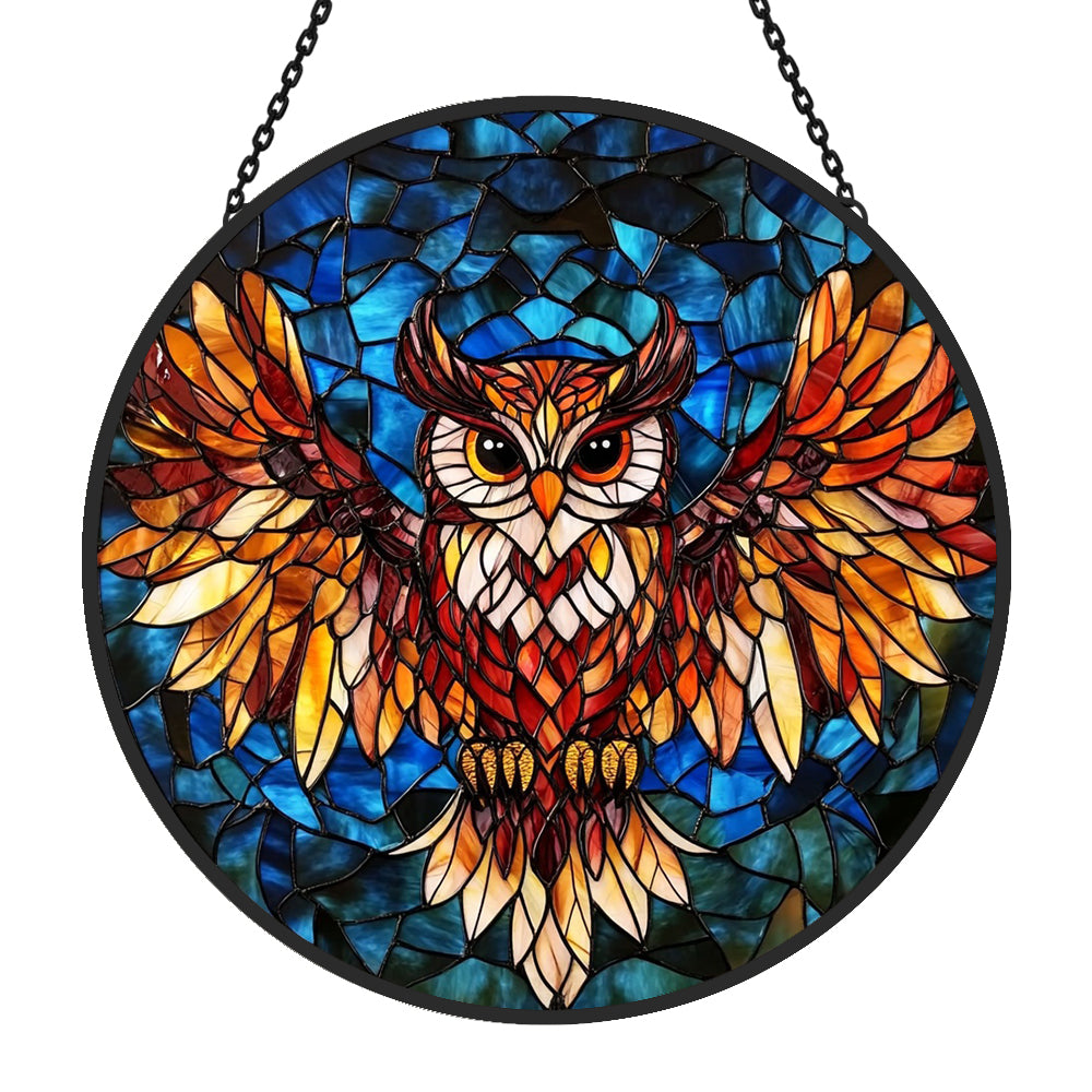 Flying owl stained glass suncatcher window hanging, suitable for home and garden decoration