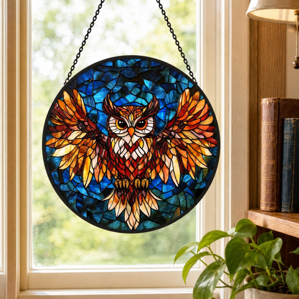 Flying owl stained glass suncatcher window hanging, suitable for home and garden decoration