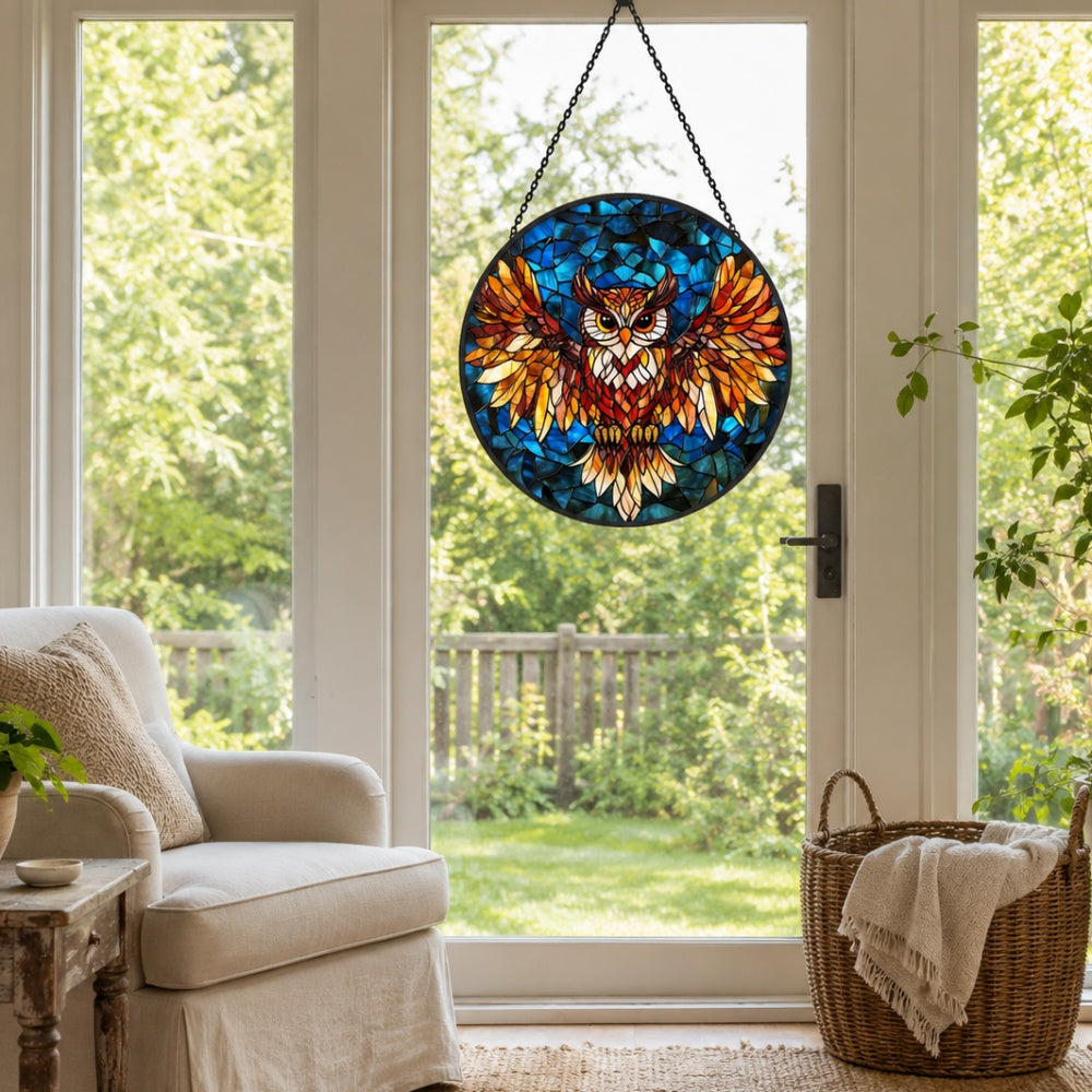 Flying owl stained glass suncatcher window hanging, suitable for home and garden decoration