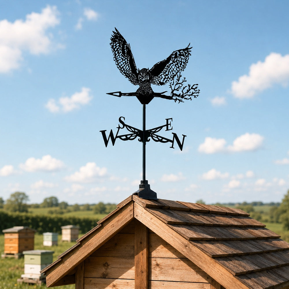Flying owl metal weather vane with directional arrows and mounting rod, outdoor roof and garden decoration
